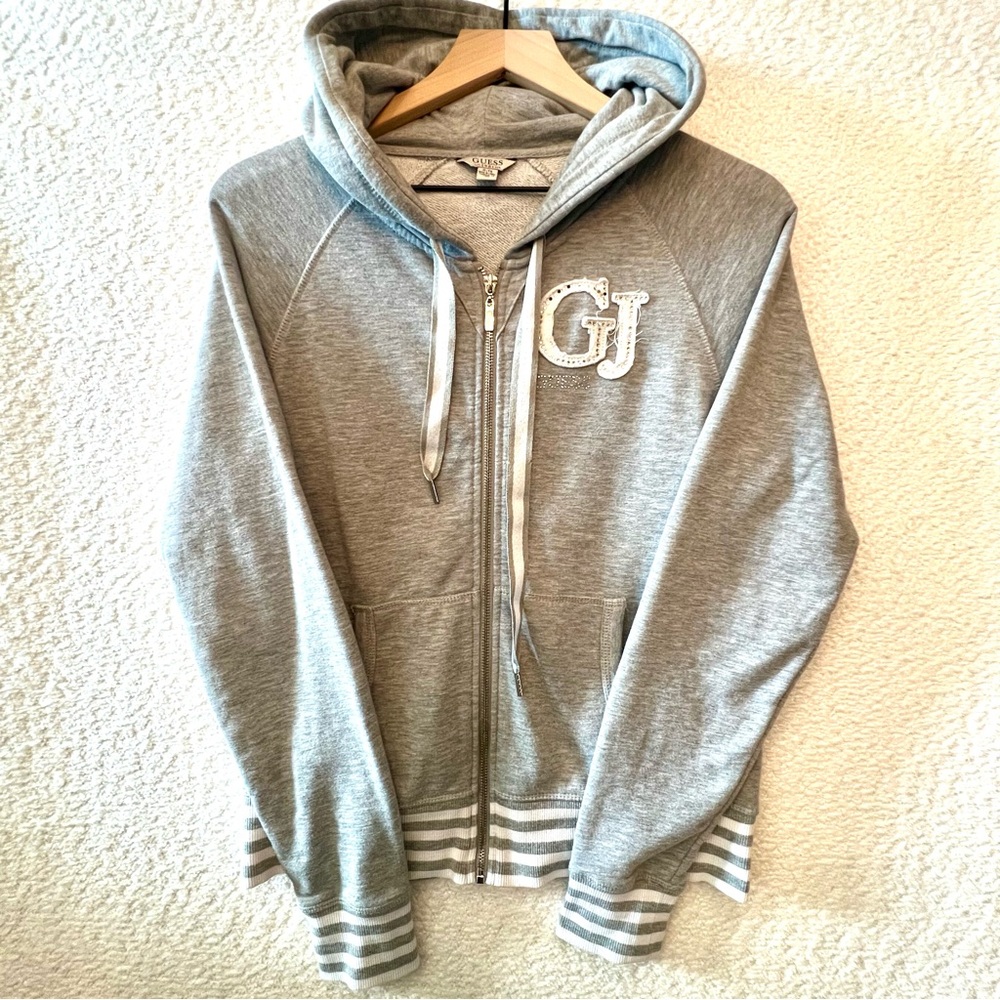 Guess Vintage Y2K Gray Zip-Up Hoodie with Bling Details Fitted